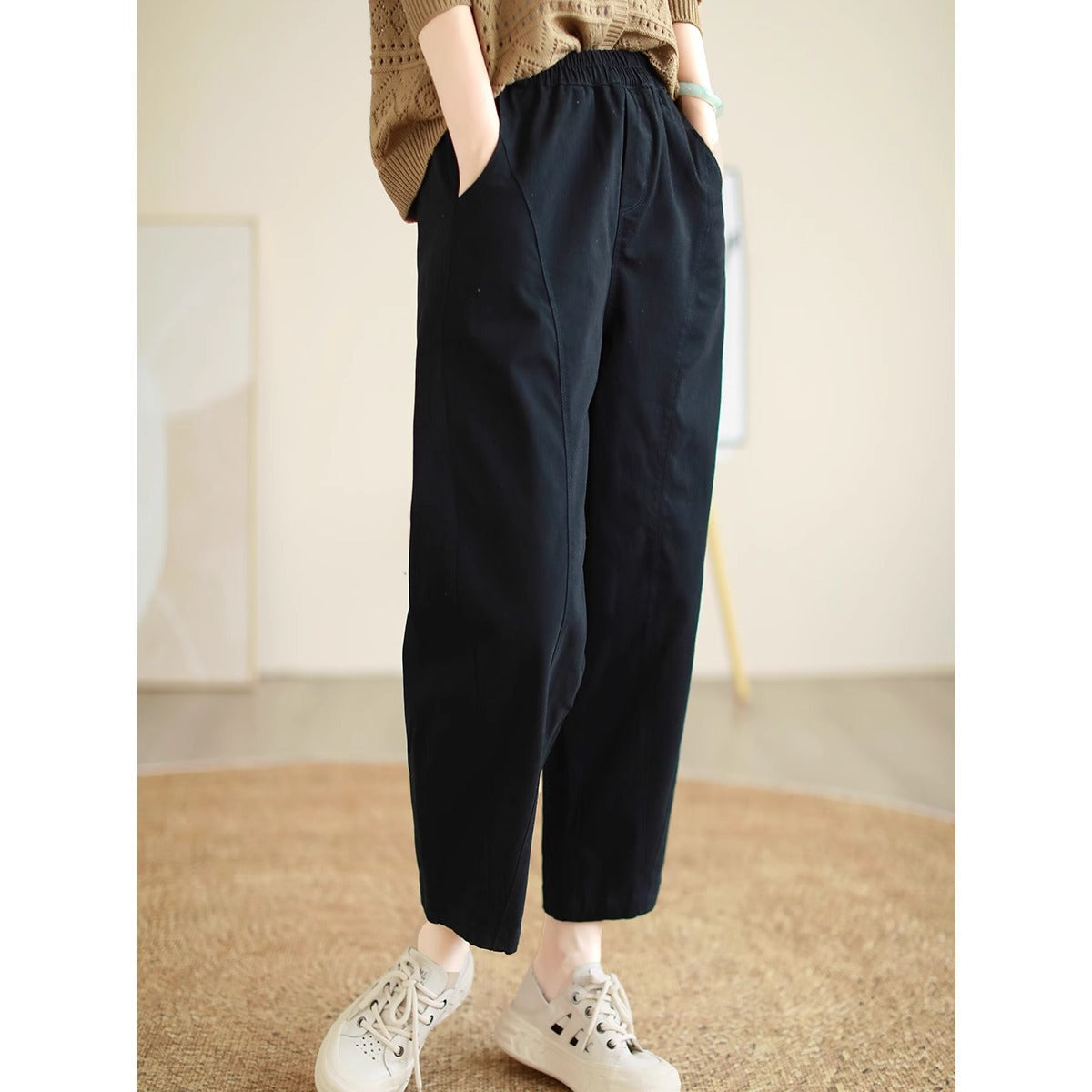 Pantaloni casual in cotone con vita elastica da donna