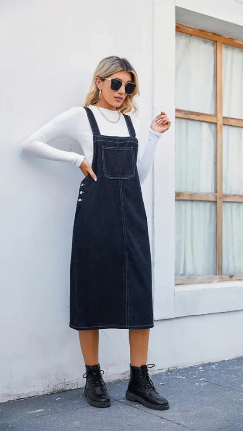 Vestito Pinafore Midi in Denim da Donna