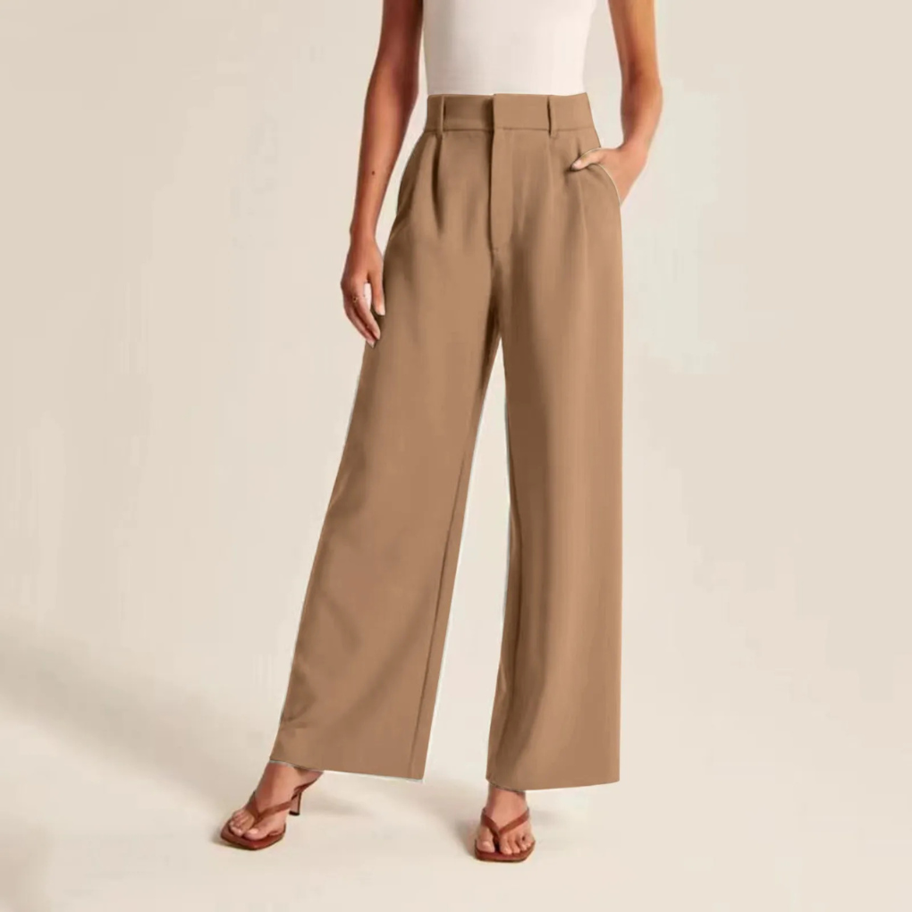 Pantaloni a vita alta con pieghe effetto lino da donna