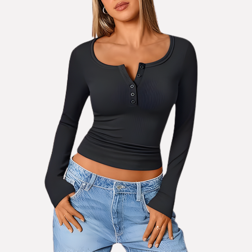 Maglia a costine con scollo serafino e maniche lunghe da donna