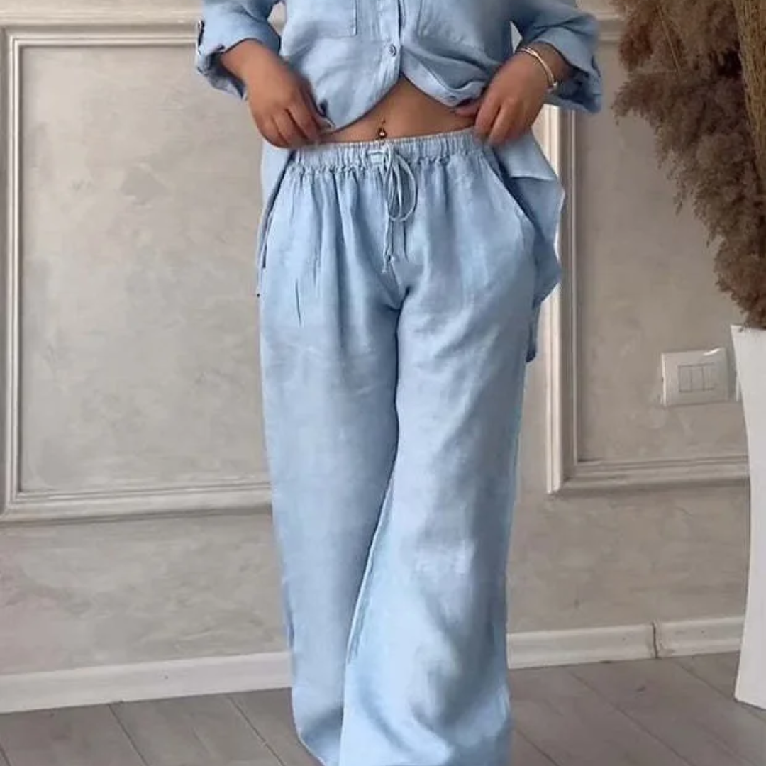 Completo Casual Elegante – Camicia e Pantaloni in Cotone e Lino da Donna Blu