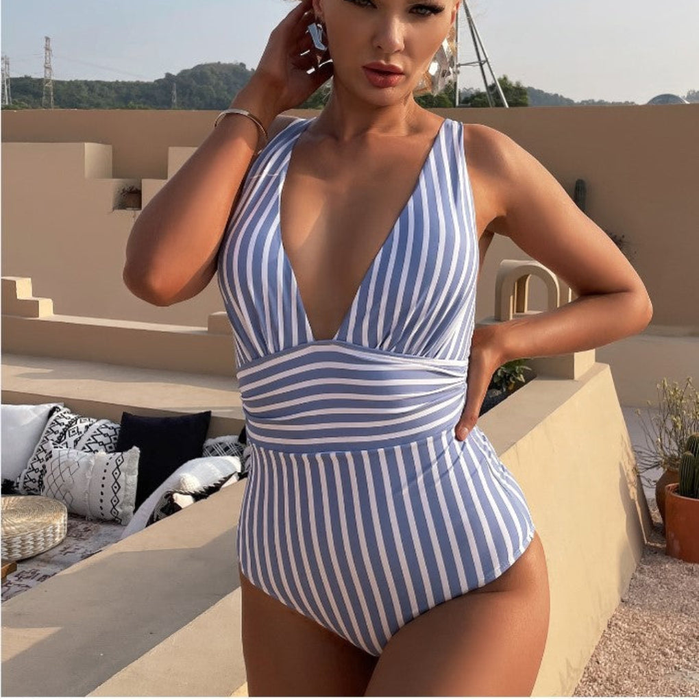 Costume intero a righe con allacciatura al collo da donna