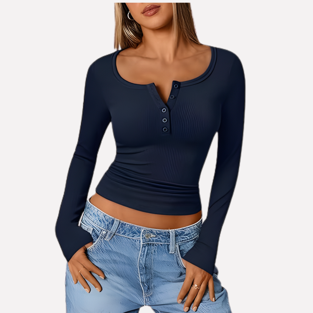 Maglia a costine con scollo serafino e maniche lunghe da donna