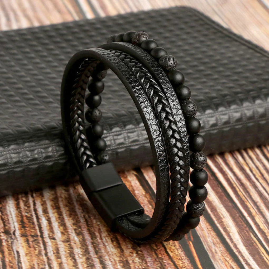Reveur – Bracciale multifilo in pelle e perline di pietra da uomo