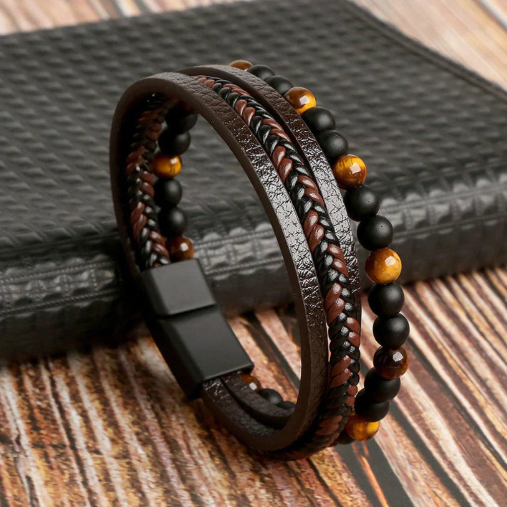 Reveur – Bracciale multifilo in pelle e perline di pietra da uomo