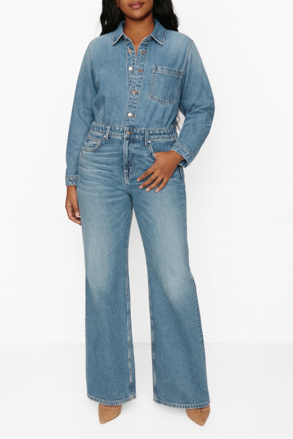 Tuta in denim a maniche lunghe e gamba dritta da donna