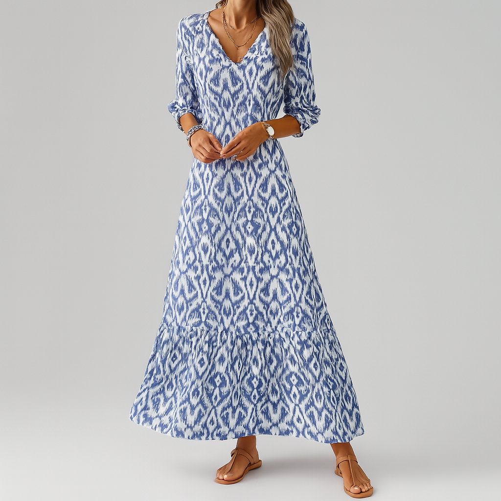 Abito lungo morbido con stampa ikat e scollo a V da donna