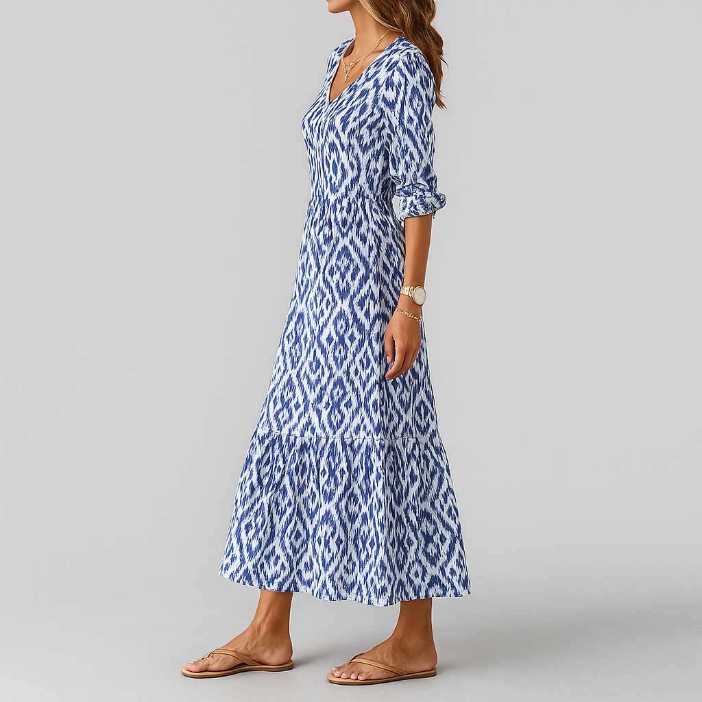 Abito lungo morbido con stampa ikat e scollo a V da donna