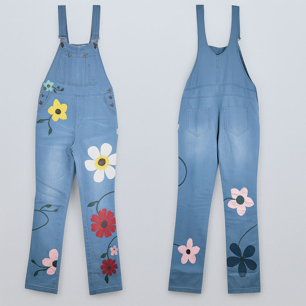 Salopette lunga effetto denim con stampa floreale da donna