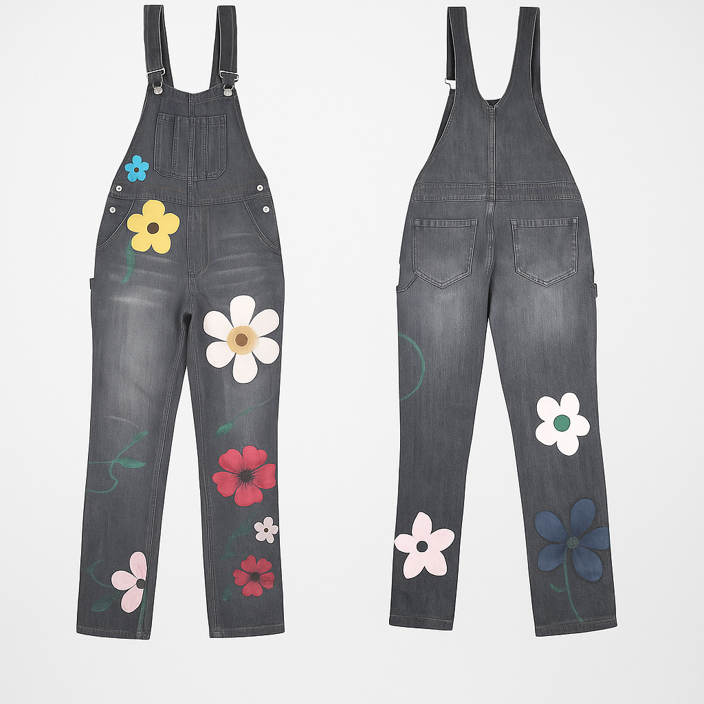 Salopette lunga effetto denim con stampa floreale da donna