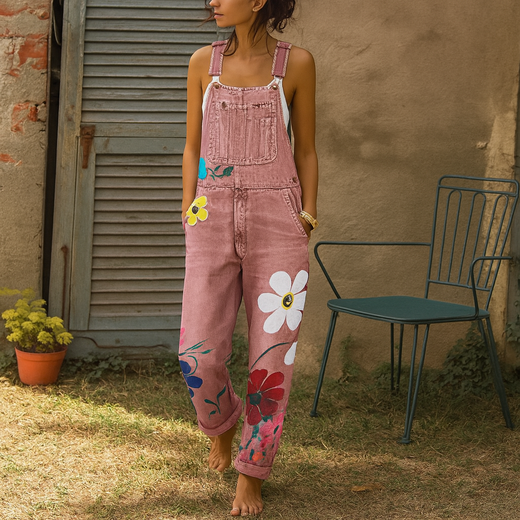 Tuta intera in denim con stampa floreale da donna
