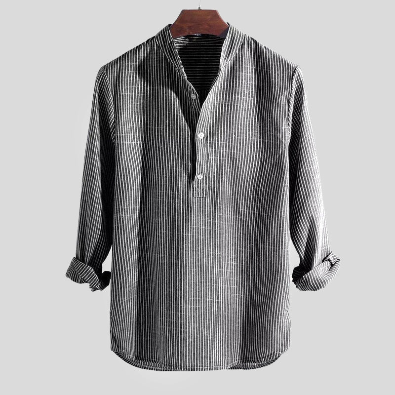 Camicia a righe in cotone e lino con collo alla coreana da uomo