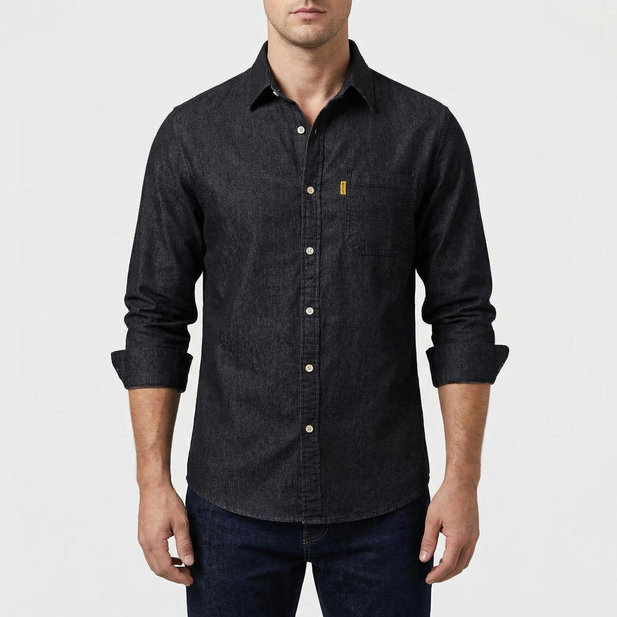 Camicia in Denim con Bottone a Maniche Lunghe