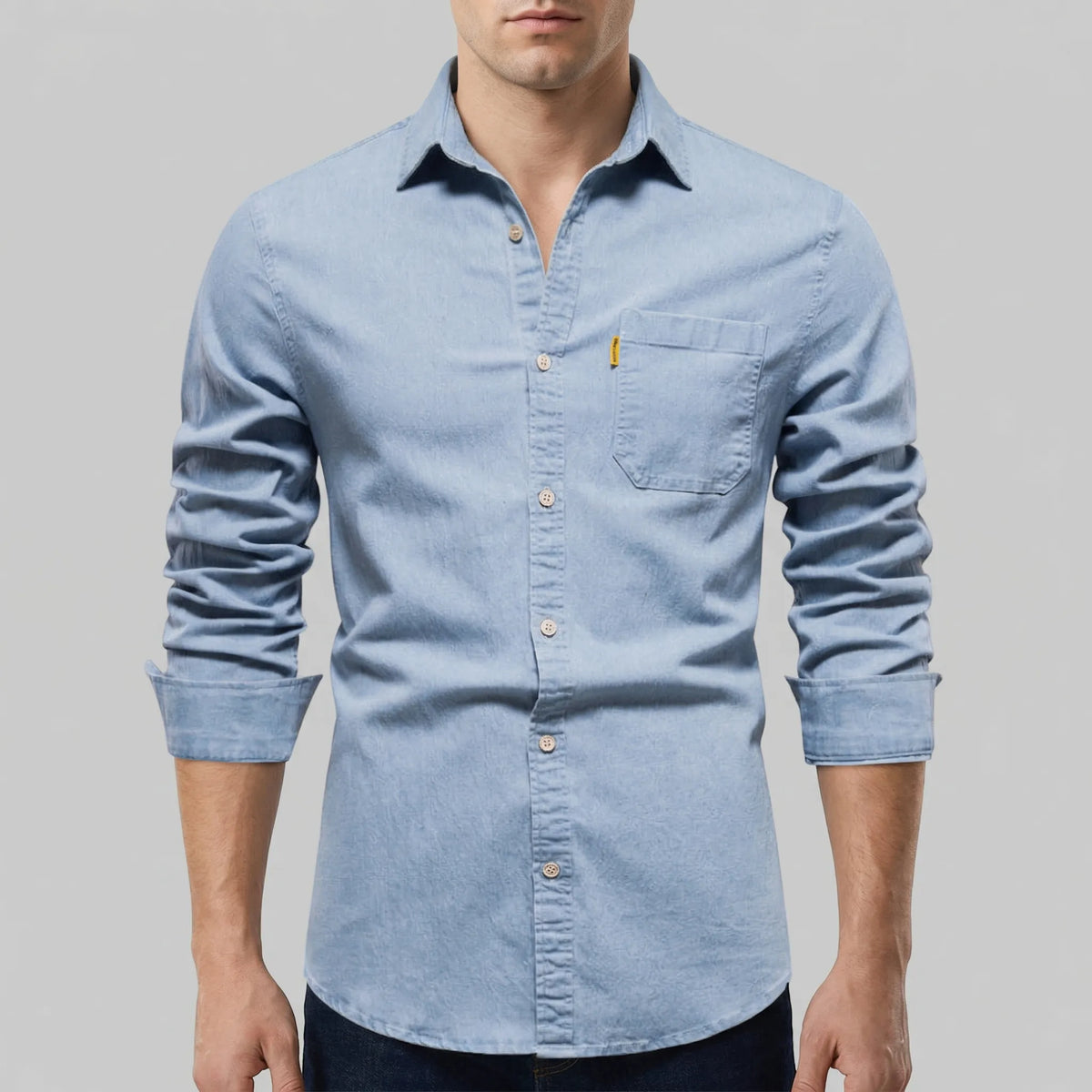 Camicia in Denim con Bottone a Maniche Lunghe