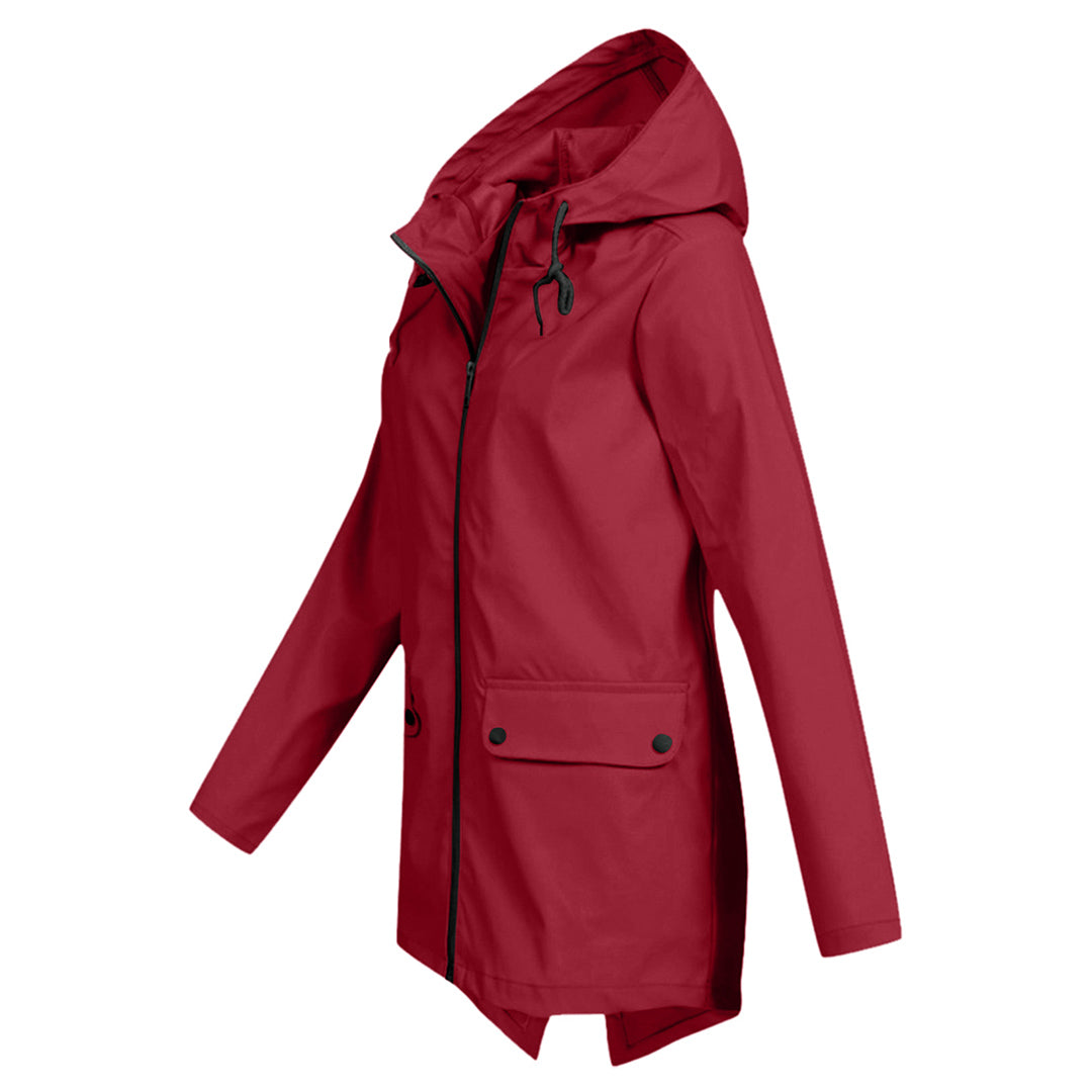 Giacca impermeabile media lunghezza con cappuccio e zip da donna