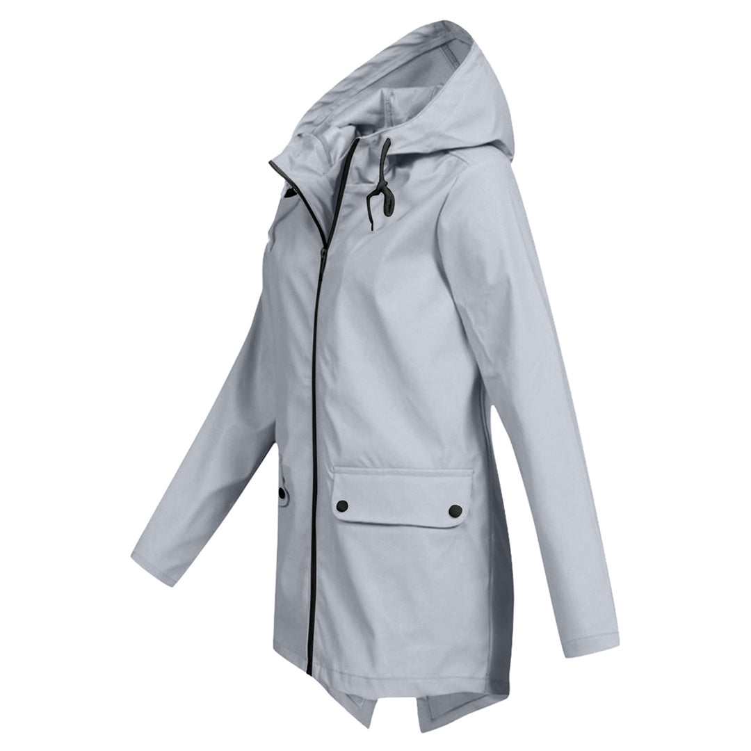 Giacca impermeabile media lunghezza con cappuccio e zip da donna