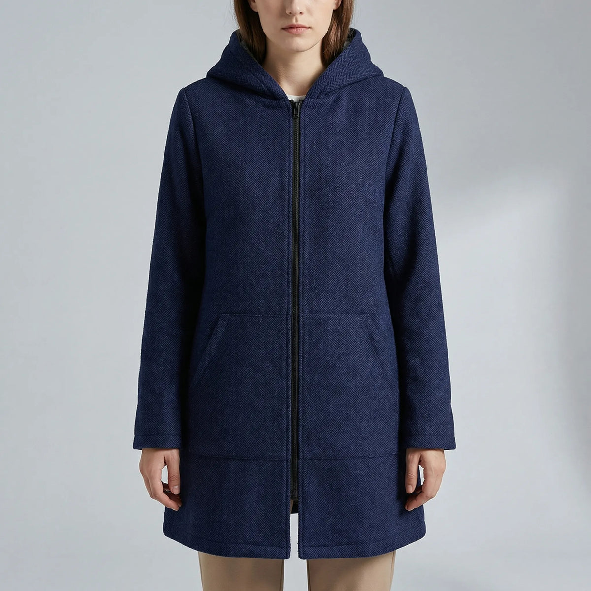 Cappotto Foderato in Pile con Zip Completa e Cappuccio per Donne