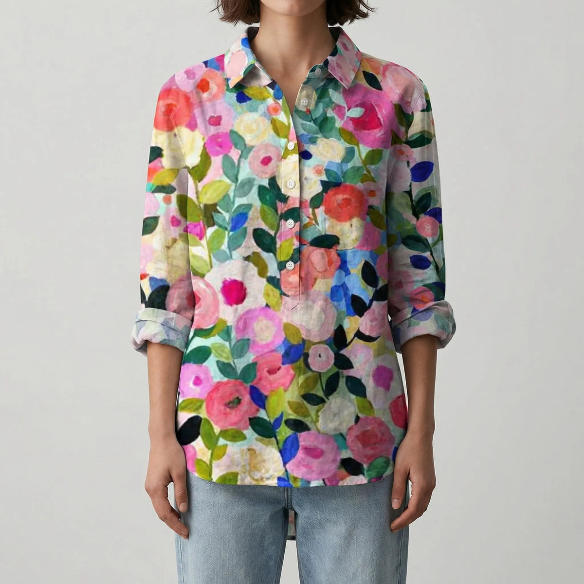 Blusa a Bottone Floreale a Manica Lunga