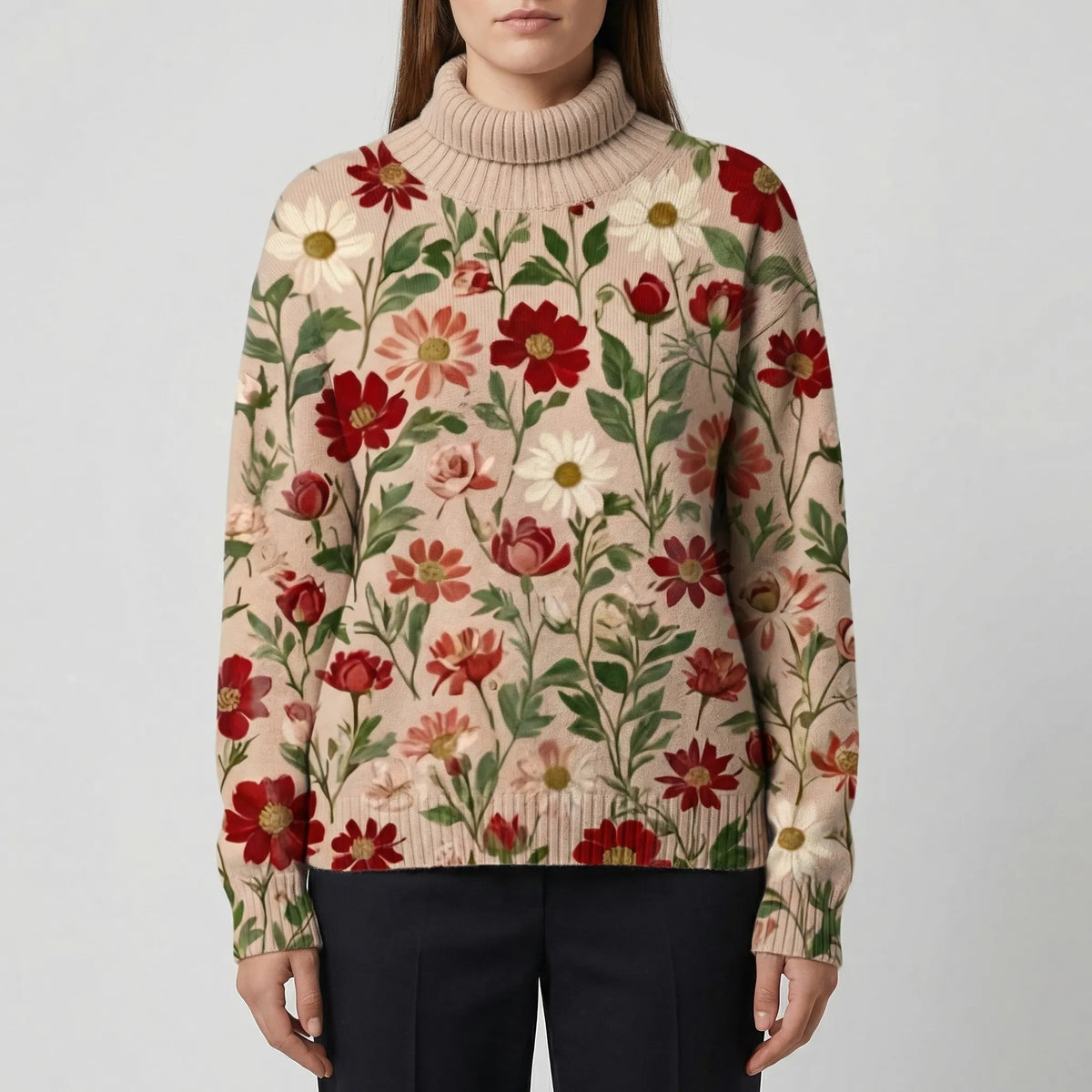 Maglione Collo Alto Stile Floreale per Donna