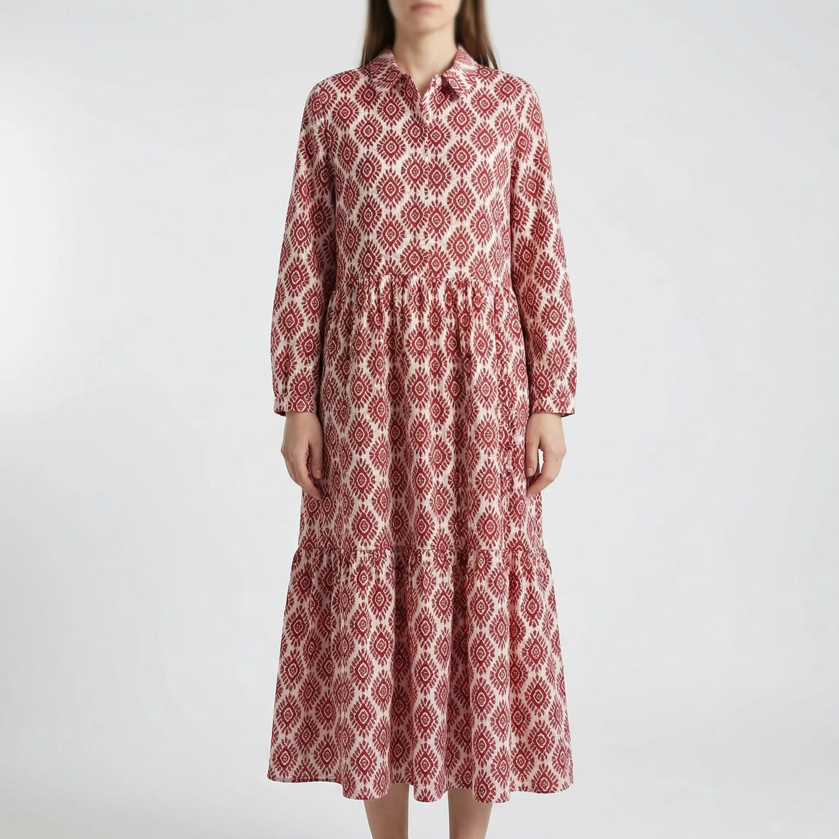 Abito Midi a Maniche Lunghe con Stampa Geometrica