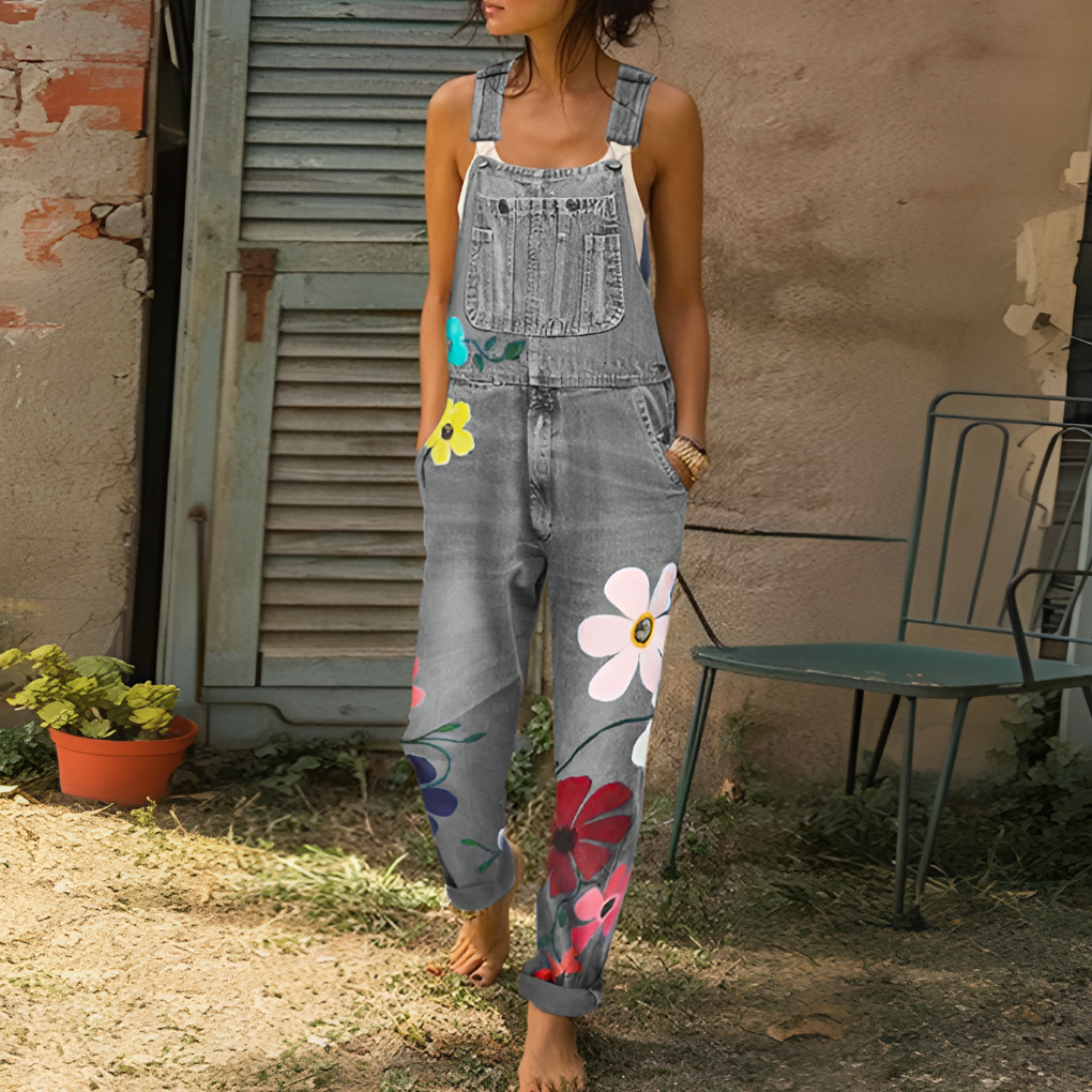 Tuta intera in denim con stampa floreale da donna