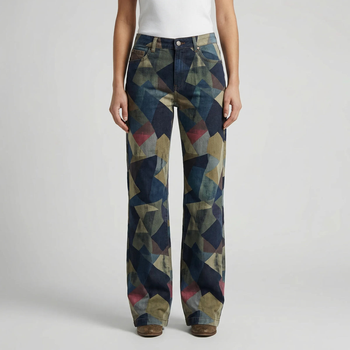Jeans Largo Dritto con Stampa Floreale per Donna