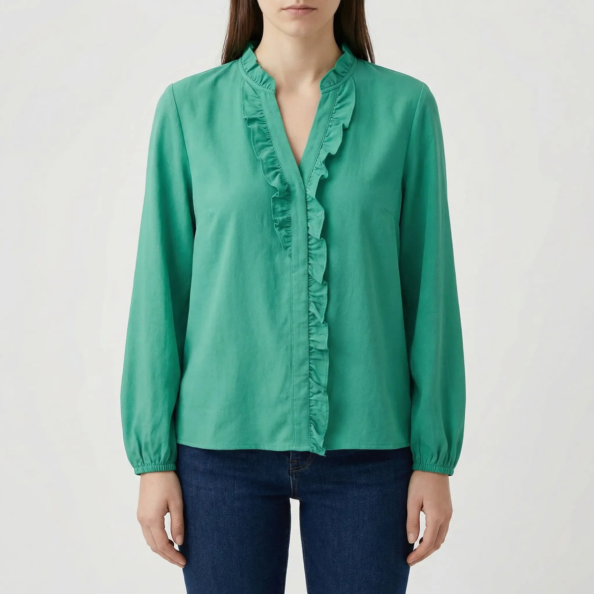 Blusa a maniche lunghe con scollo a V ruffled