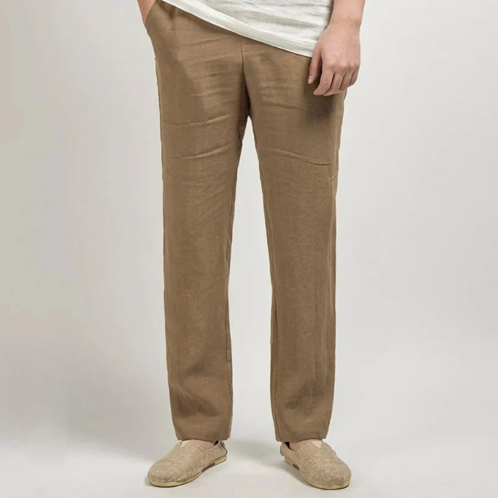 Pantaloni dritti in misto cotone e lino da uomo