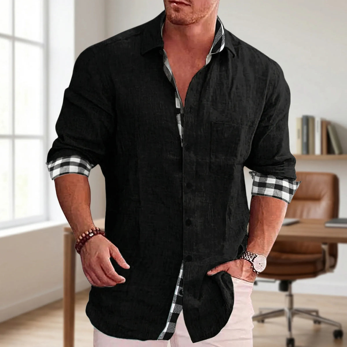 Camicia Casual a Maniche Lunghe con Bottone Frontale per Uomini