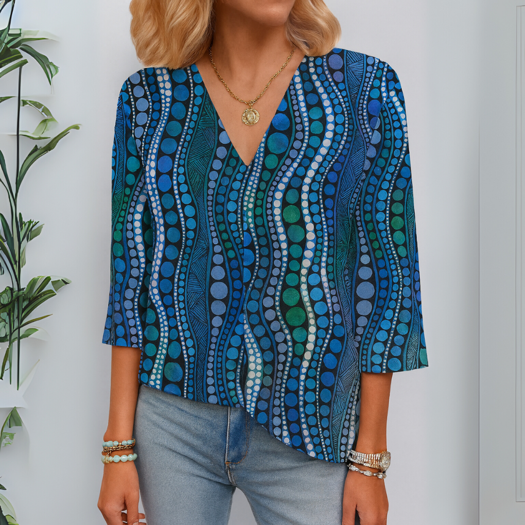 Blusa a pois astratti con scollo a V e maniche a 3/4 da donna