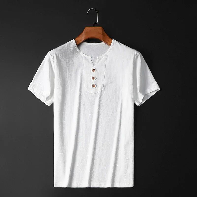 T-shirt in misto cotone e lino con scollo a V e bottoni da uomo