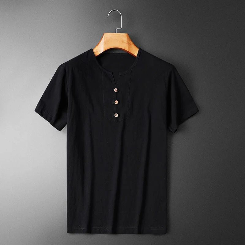 T-shirt in misto cotone e lino con scollo a V e bottoni da uomo