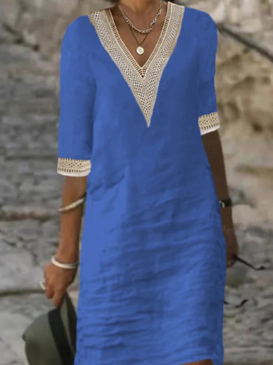 Abito casual in misto lino con scollo a V e pizzo da donna