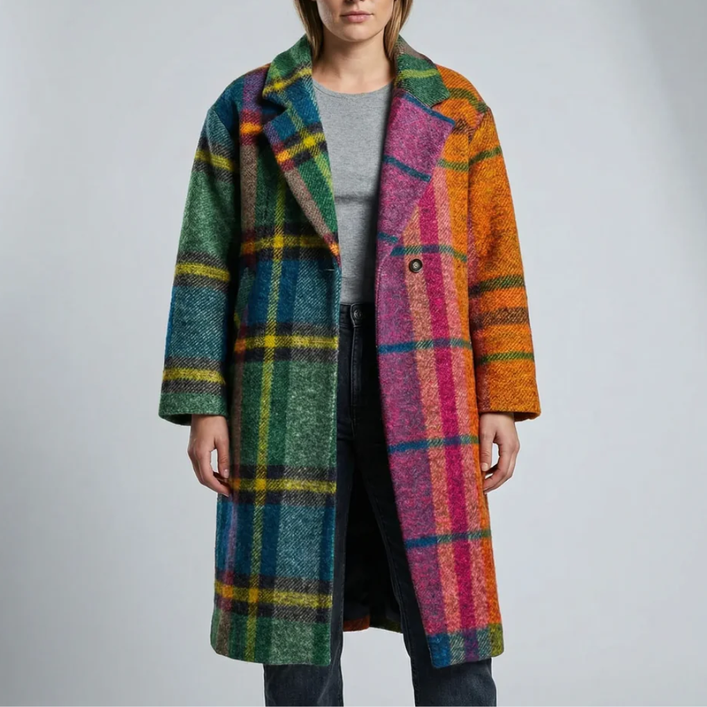 Cappotto Lungo a Scacchi Color Block per Donne
