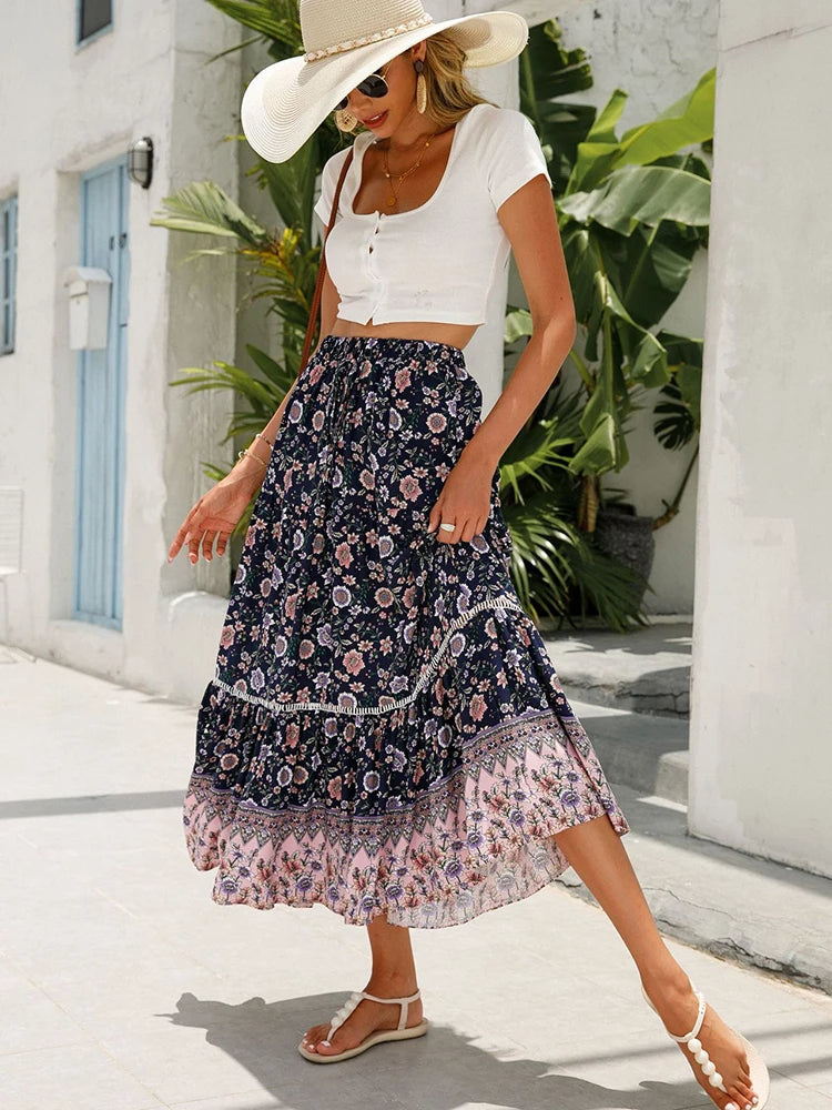 Elegante gonna lunga a fiori con elastico in vita
