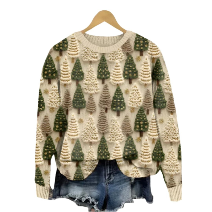 Maglione Tricot da Donna con Motivo Albero e Scollo Tondo