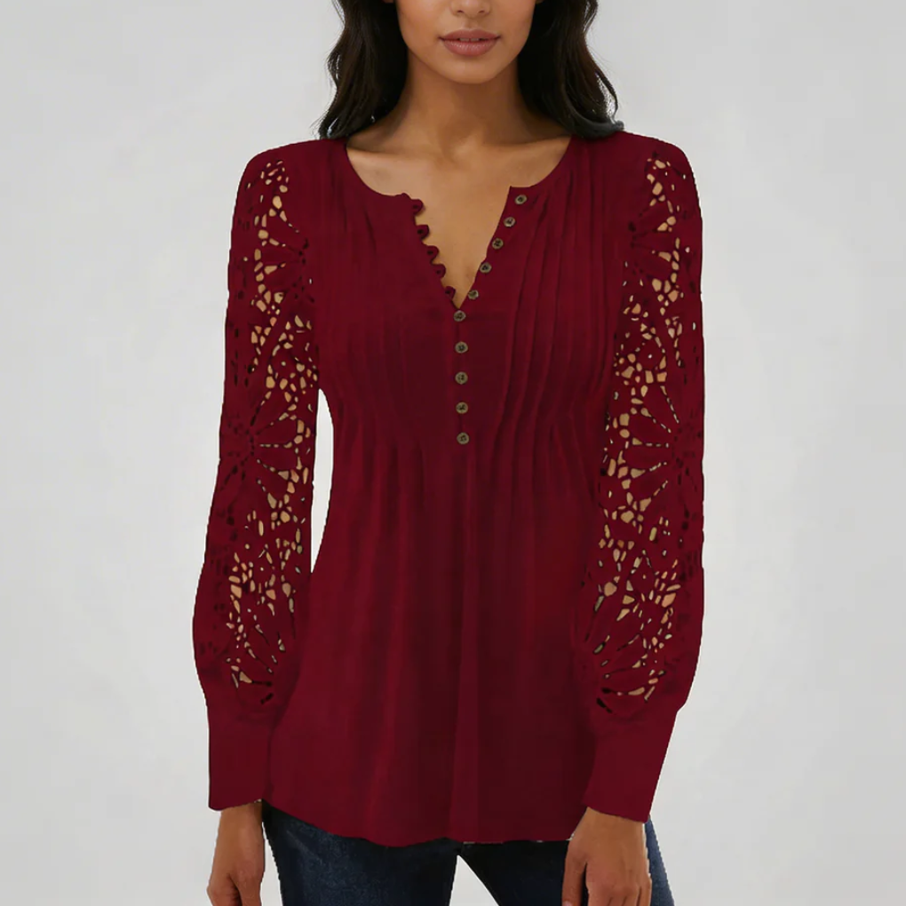 Blusa Floreale con Maniche in Pizzo Trasparente per Donne