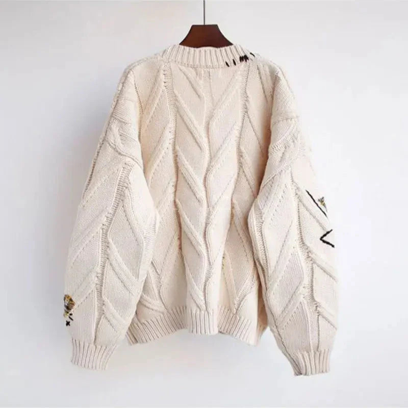 Cardigan da donna in maglia con scollo a V e ricami patchwork