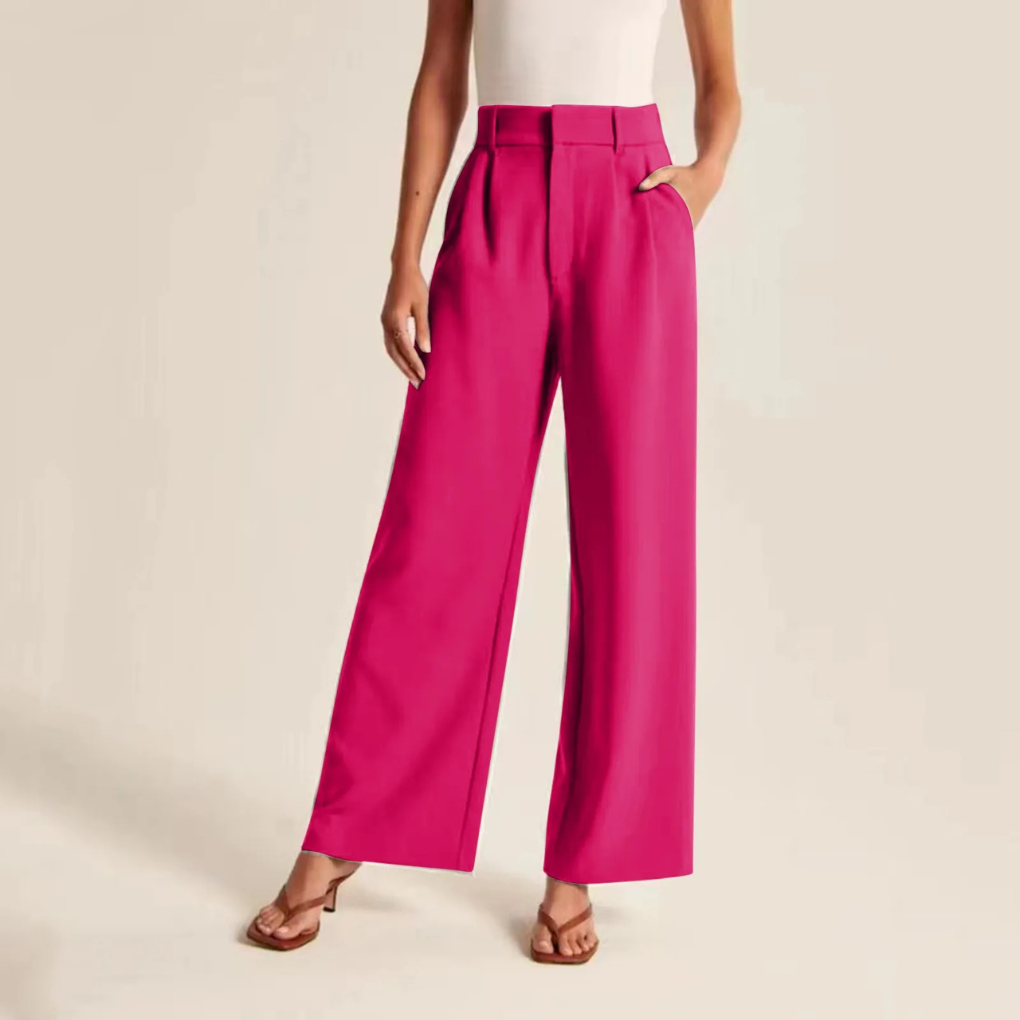Pantaloni a vita alta con pieghe effetto lino da donna