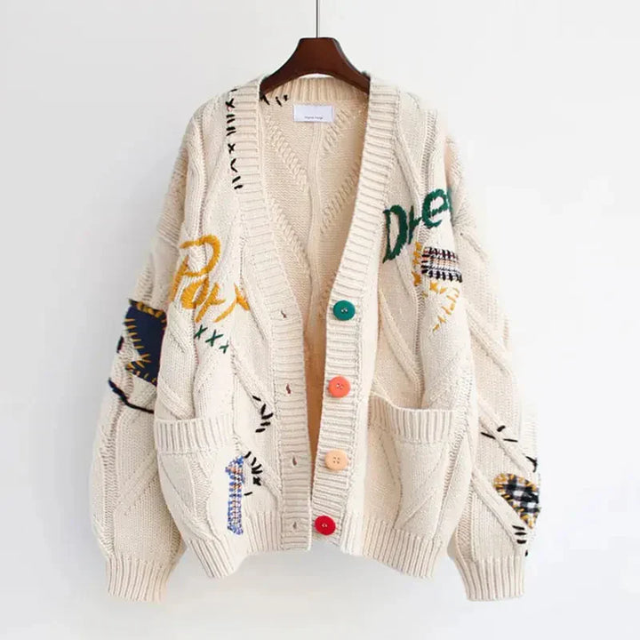 Cardigan da donna in maglia con scollo a V e ricami patchwork