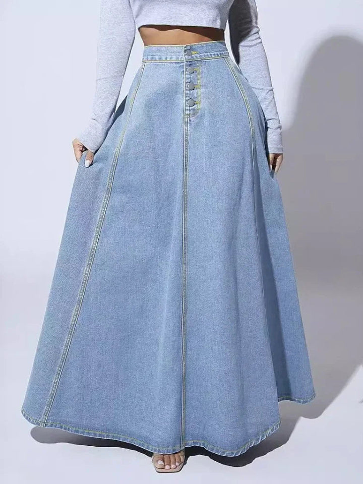 Gonna a trapezio in denim da donna con chiusura a bottoni