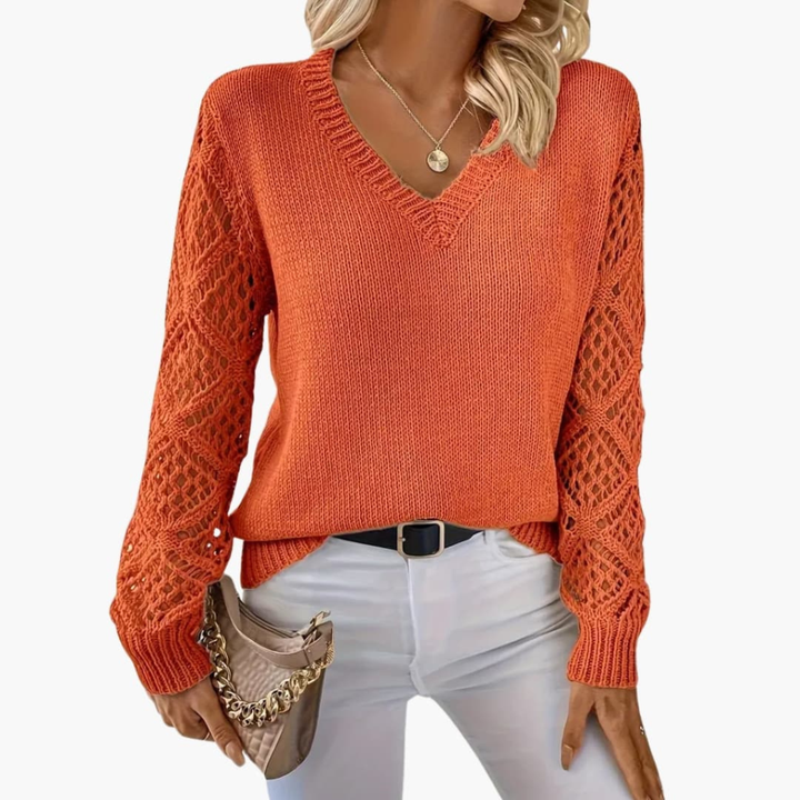 Maglione Femminile in Maglia Fine con Scollo a V e Mani Lunghe