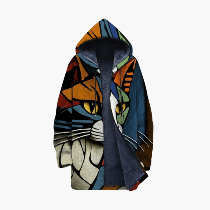 Cardigan Zip con Cappuccio Unisex con Design Stampa Gatto