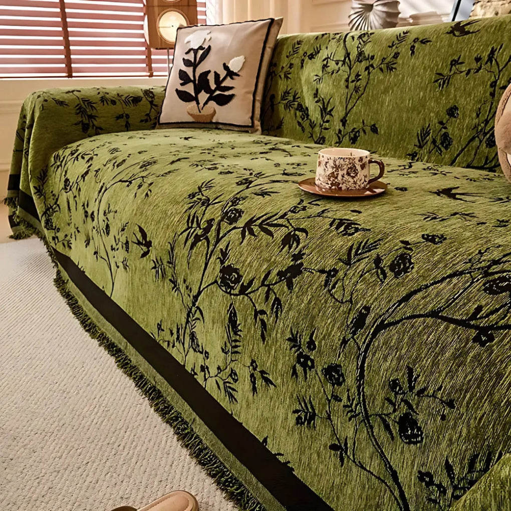 Coperta Elegante con Motivo Floreale e Bordo Frangiato