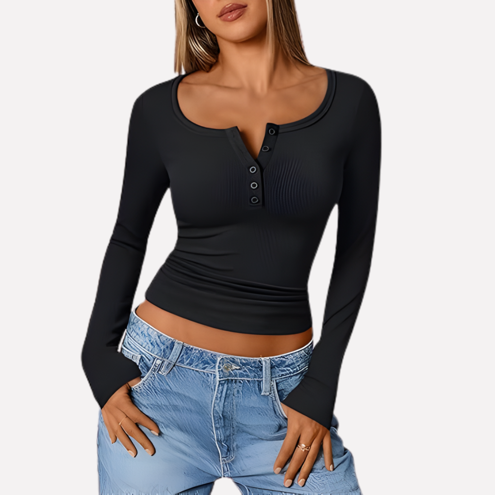 Maglia a costine con scollo serafino e maniche lunghe da donna