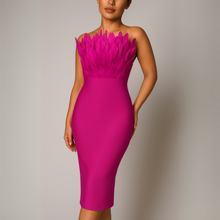 Abito midi da donna senza spalline con bordi in piume