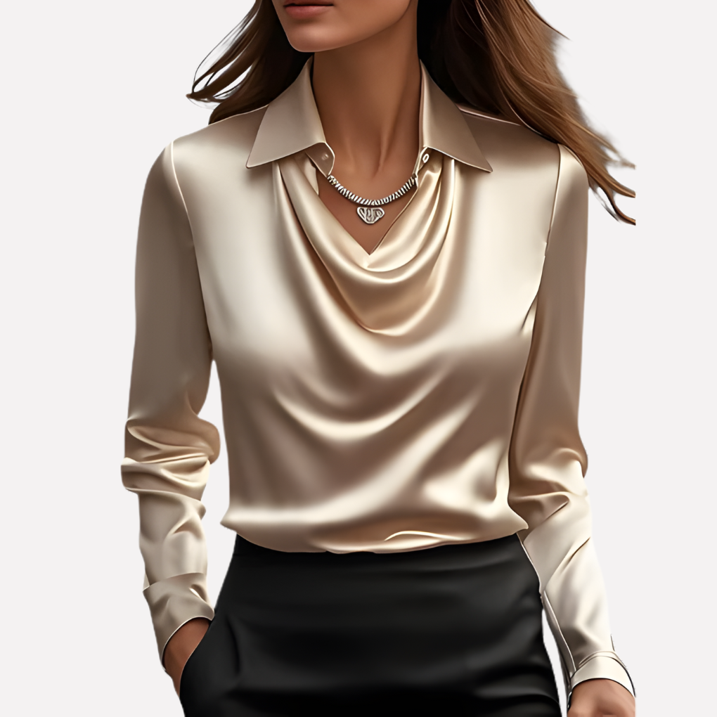 Blusa effetto raso con collo drappeggiato da donna