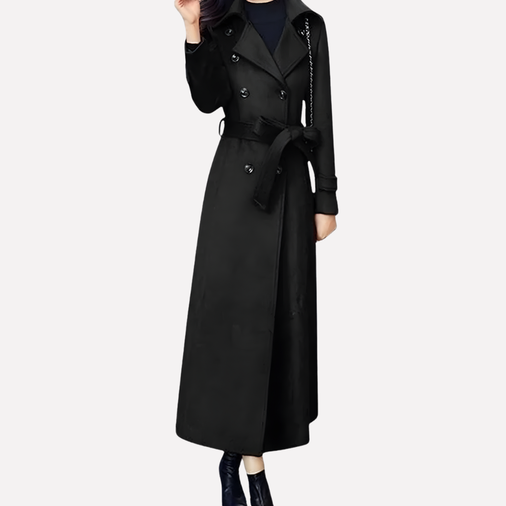 Cappotto lungo con collo a scialle e cintura da donna
