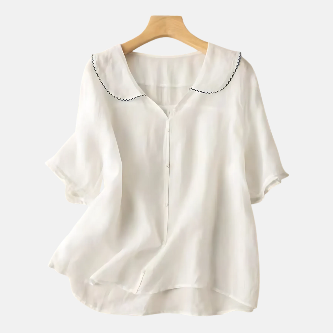 Camicia Retrò in Cotone e Lino per Donne con Collo a Bambola