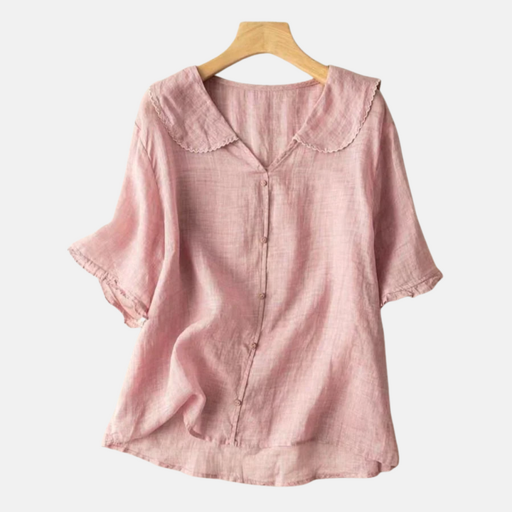 Camicia Retrò in Cotone e Lino per Donne con Collo a Bambola